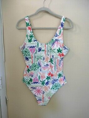Old Navy Tropical Swimsuit Bathing Suit White Multicolor Print L Vacation Beach